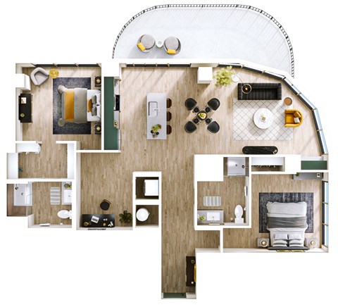 Floor plan for 2 beds, 2 baths, 1332 sqft